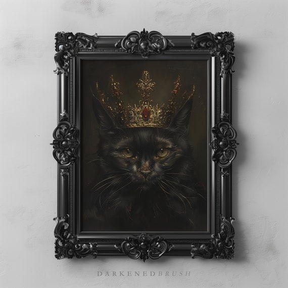 Black Royal Cat Art Painting Gothic King Portrait Dark Academia Decor Pet Portraits Animal Lover Gift