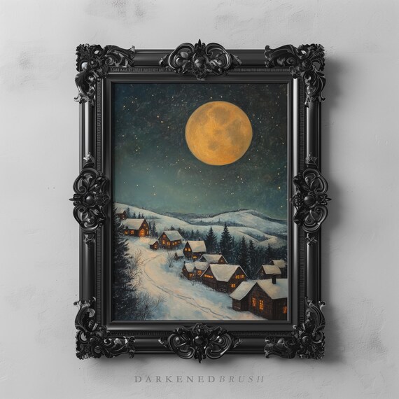 Golden Full Moon Over Snowy Winter Village Lit Cabins Night Poster