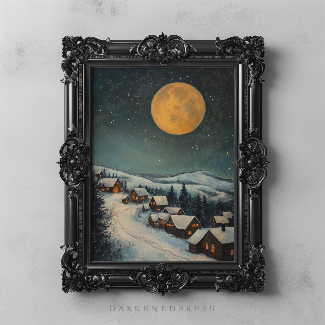 Golden Full Moon Over Snowy Winter Village Lit Cabins Night Poster