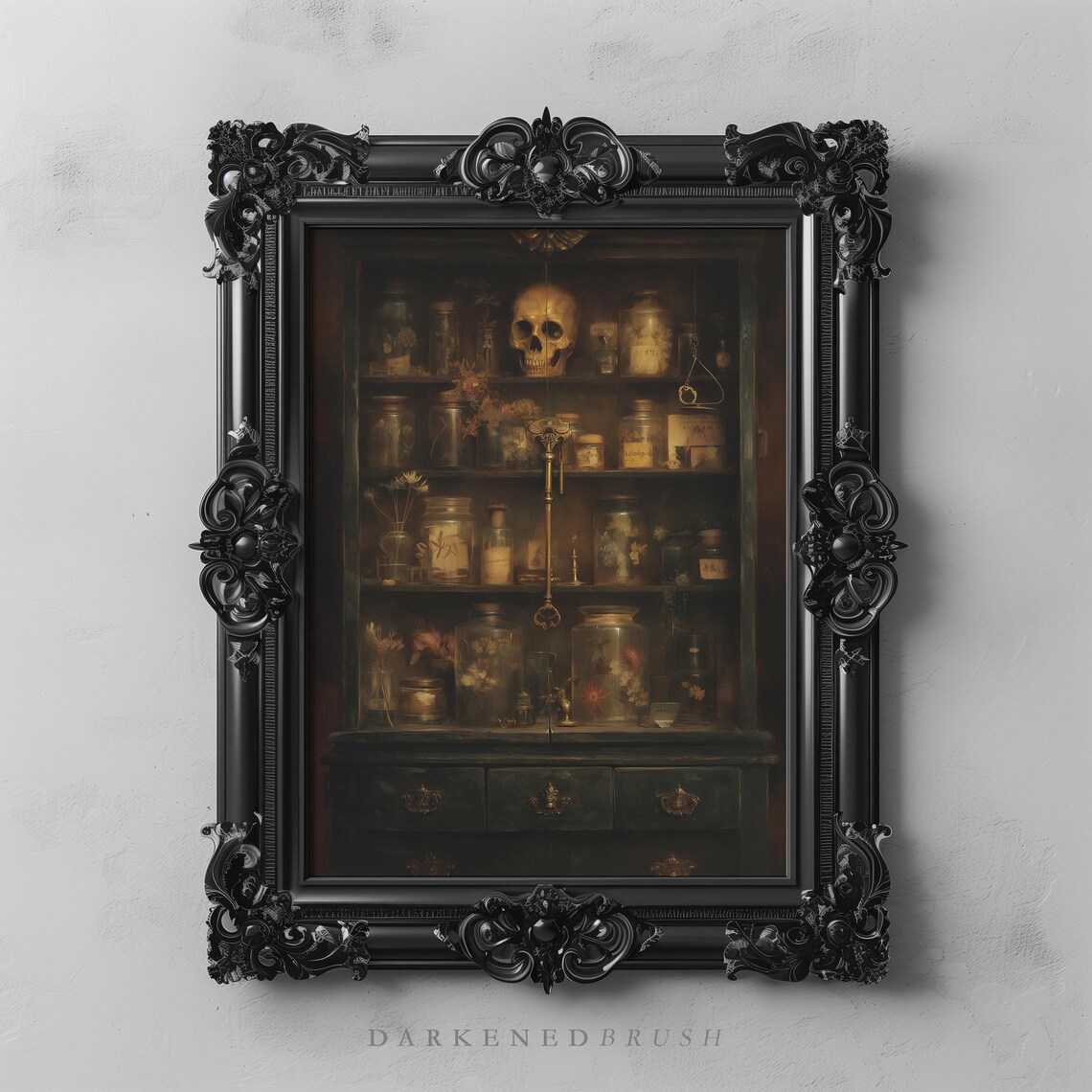 Gothic Apothecary Cabinet Skull Potion Jars Dark Academia Poster