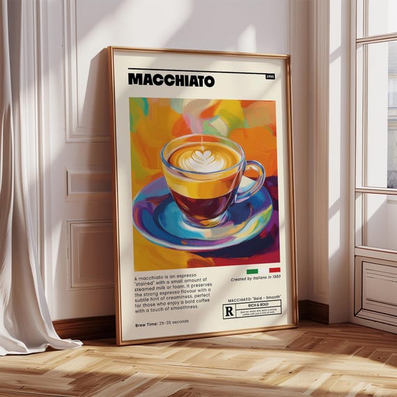 Colorful Coffee Shop Wall Art Macchiato Coffee Poster Trendy Home Cafe Decor Multi Colored Kitchen Wall Print Vibrant Italian Coffee Gift