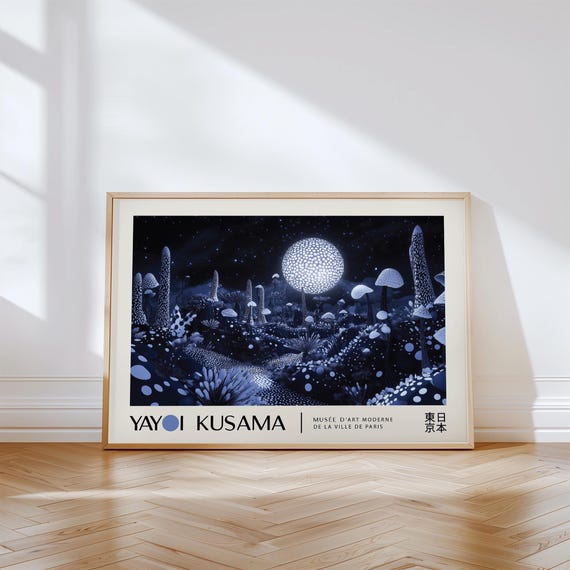 Yayoi Kusama Cosmic Moon Wall Art Nightscape Forest Abstract Poster For Living Room Bedroom Or Home Office Dark Blue Stars Print Nursery