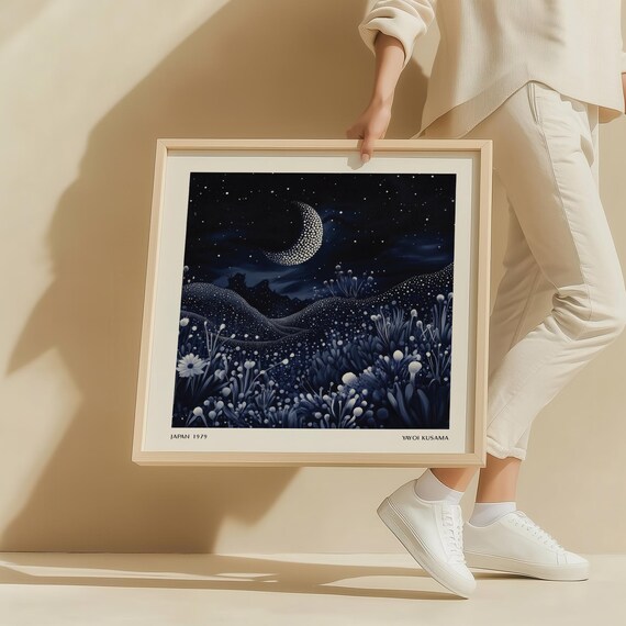 Moonlit Dreamscape Wall Art Yayoi Kusama Inspired Night Sky Poster Square Celestial Decor For Bedroom Living Room