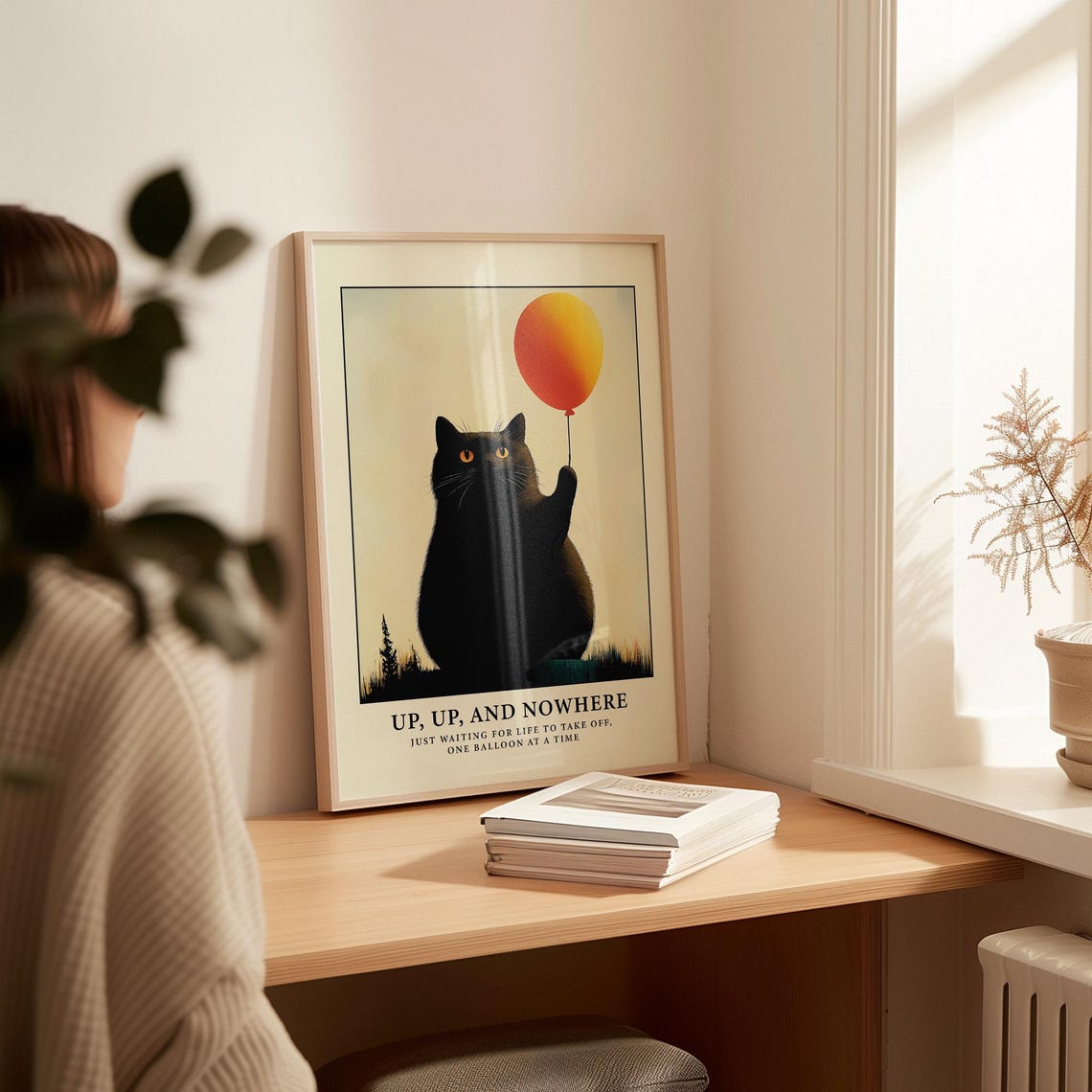 Black Cat With Balloon Up Up And Nowhere Cute Animal Art Print - Image 2