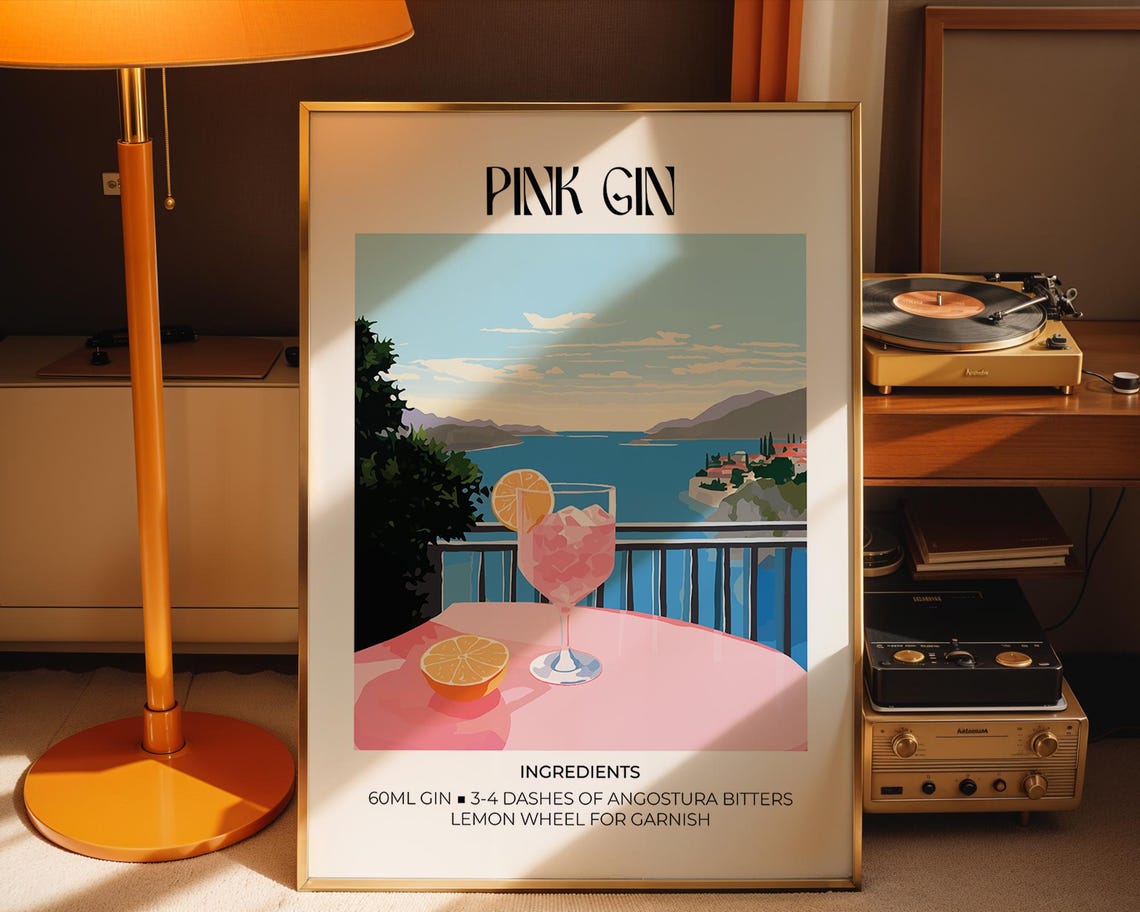 Pink Gin Cocktail Recipe Poster Seaside Terrace Vintage Bar Decor - Image 2
