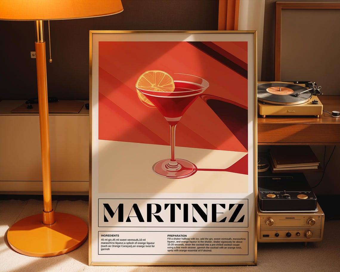 Martinez Cocktail Recipe Classic Red Drink Kitchen Bar Poster - Image 3