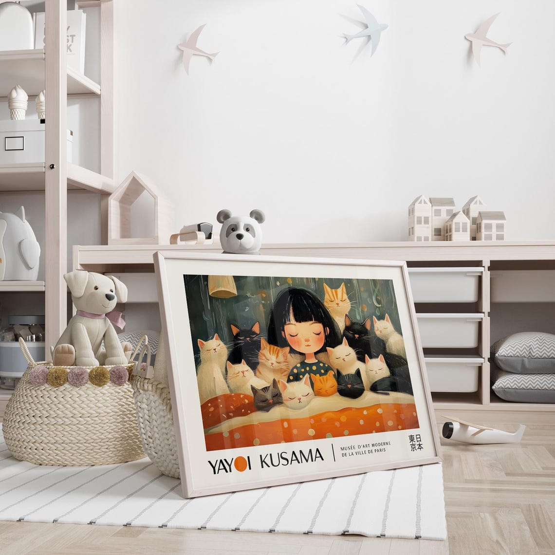 Kusama Cats And Girl Sleeping Poster Horizontal Wall Art For Bedroom Yayoi Kusama Cute Print For Girls Room Or Nursery Room Picture - Image 3