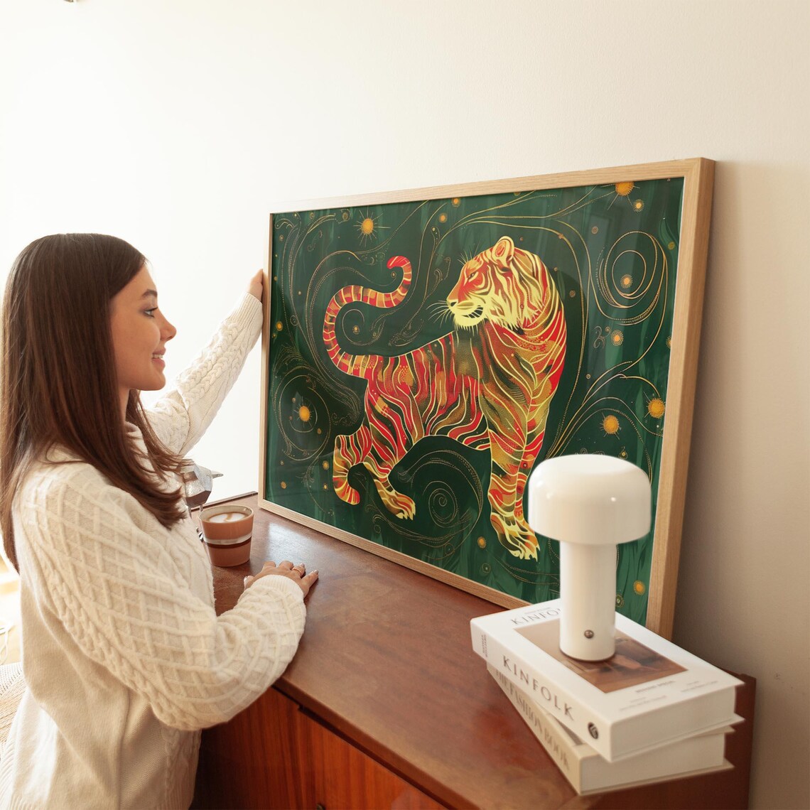 Ornate Golden Red Tiger Striding On Deep Green Oriental Style Poster - Image 2