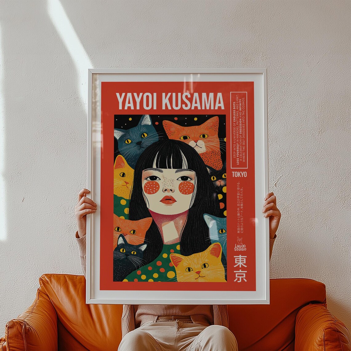 Pop Art Girl Surrounded by Cats on Red Tokyo Kusama Style Poster
