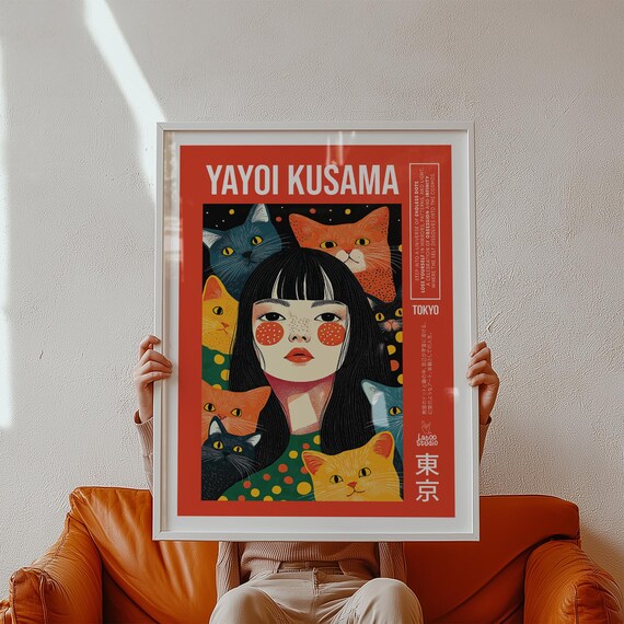 Pop Art Girl Surrounded by Cats on Red Tokyo Kusama Style Poster