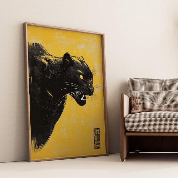 Black Panther Bold Yellow Japanese Woodblock Style Art Poster