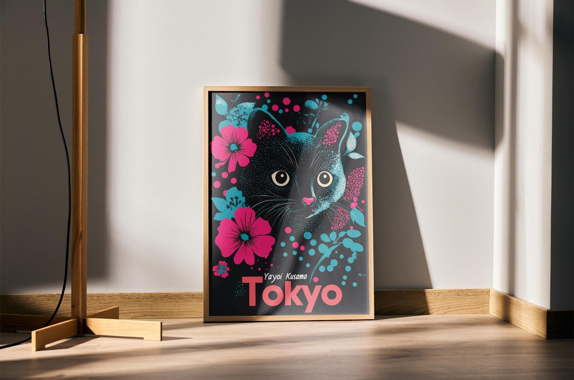 Japanese Yayoi Kusama Wall Art Cat Poster Black Cat Vibrant Japanese Wall Art For Teen Room Poster Quirky Wall Art Floral Print Of Black Cat - Image 2