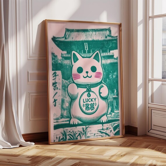 Lucky Cat Maneki Neko Pink Green Japanese Temple Fortune Poster