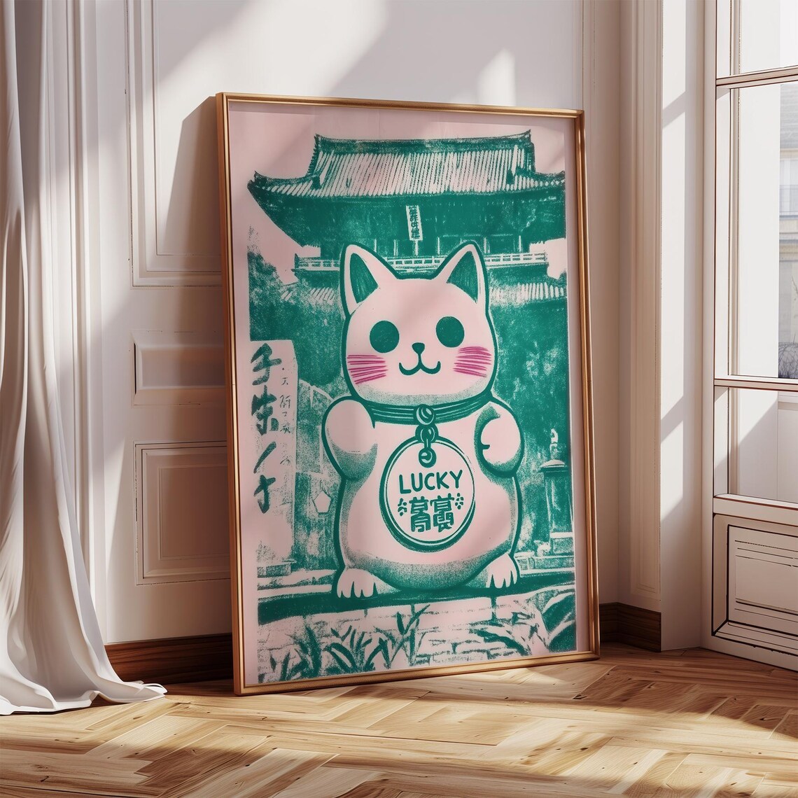 Lucky Cat Maneki Neko Pink Green Japanese Temple Fortune Poster