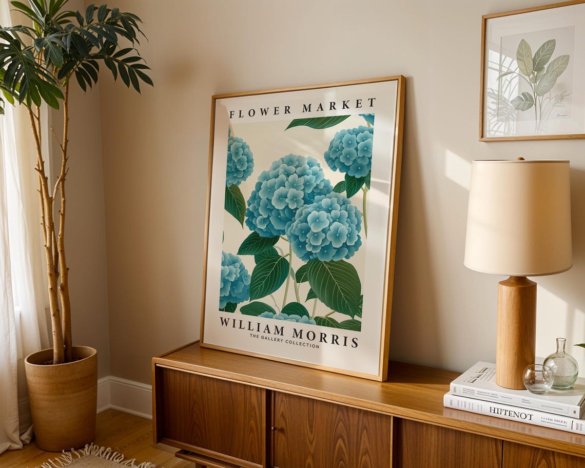 William Morris Blue Hydrangea Flower Market Botanical Art Print - Image 2