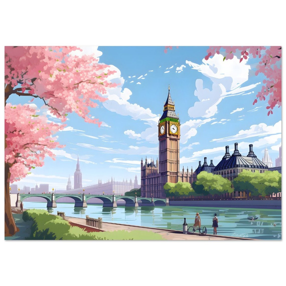 London Big Ben Thames Cherry Blossom Travel Art Wall Decor Poster - Image 3