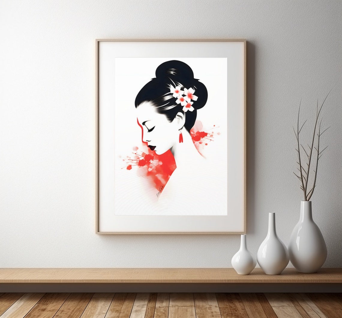 Geisha With Cherry Blossoms Red and Black Minimalist Art Poster