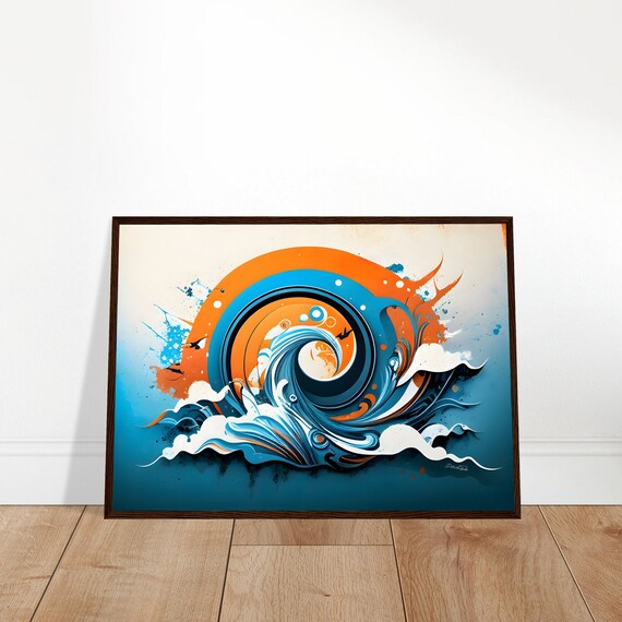 Blue and Orange Ocean Wave Abstract Modern Surf Decor Poster