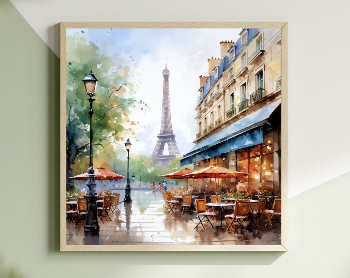 Eiffel Tower Paris Watercolor Print with Charming Cafe Street Scene