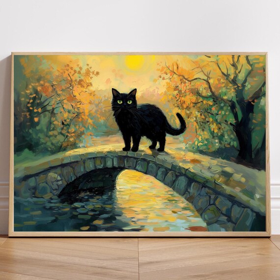 Black Cat Crossing a Stone Bridge in Golden Autumn Forest Poster