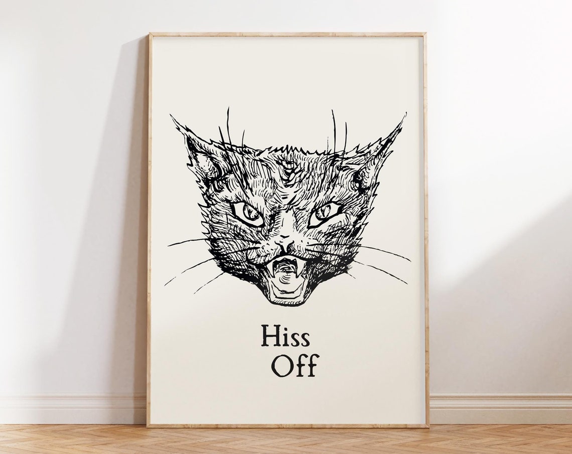 Hiss Off Grumpy Black Cat Engraving Style Spooky Halloween Poster