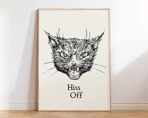 Hiss Off Grumpy Black Cat Engraving Style Spooky Halloween Poster