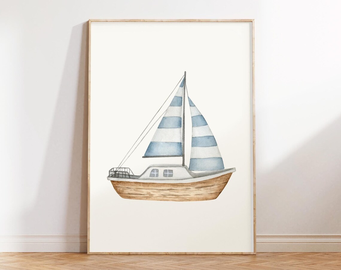 Wooden Sailboat Blue White Striped Sails Gentle Watercolor Sea Poster