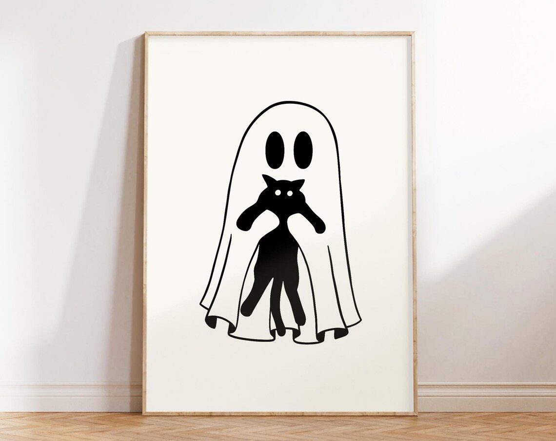 Ghost With Black Cat Halloween Prints Halloween Printables Cute Halloween Prints Ghost Cat Art Quirky Halloween Decor