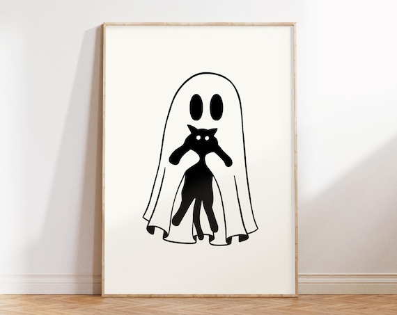 Cute Ghost Holding Black Cat Minimalist Halloween Art Poster