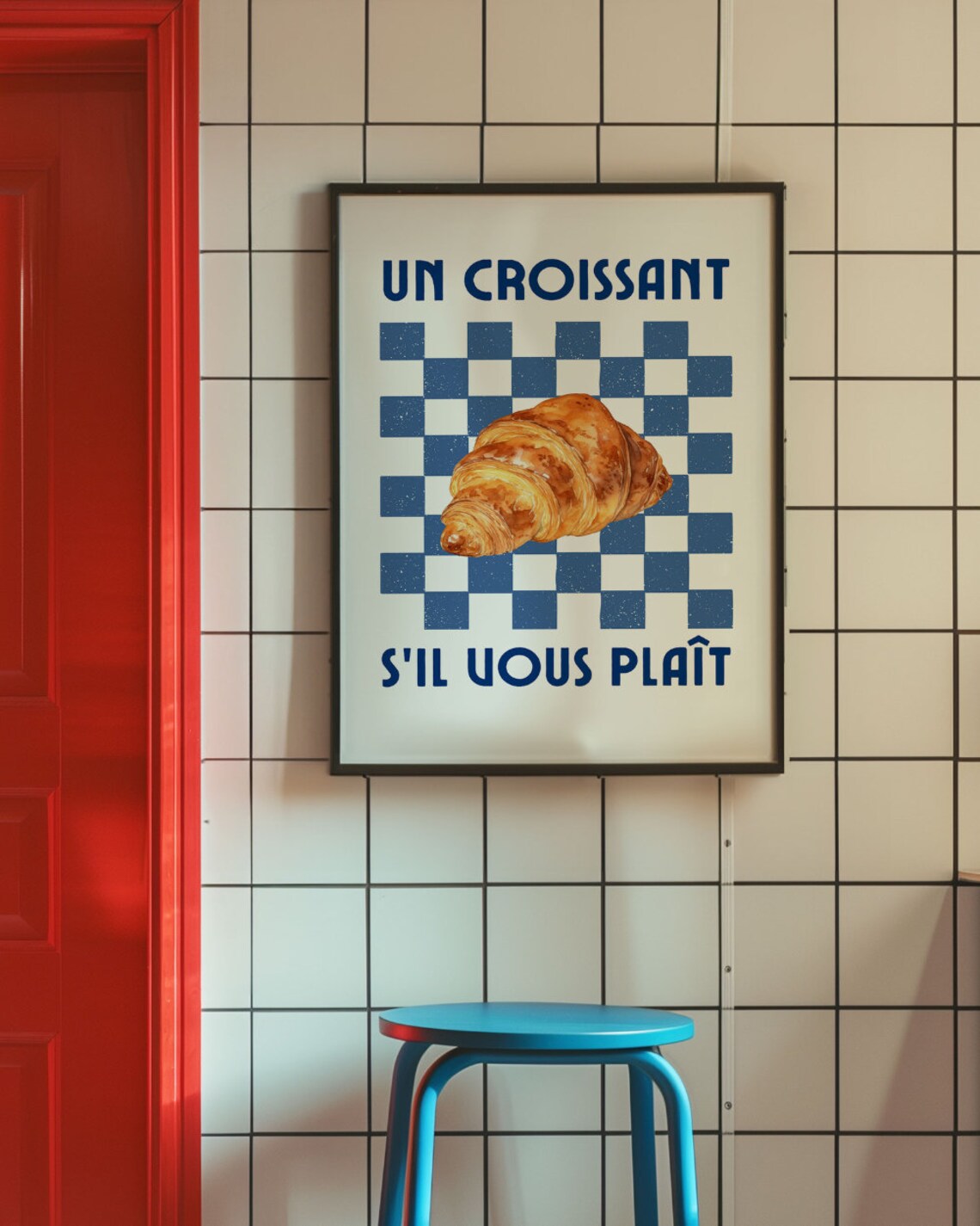 Croissant Print Retro French Cafe Poster Cool Trendy Wall Art Kitchen Decor Foodie Food Lover Gifts Retro Eclectic Aesthetic Blue Wall Art - Image 3
