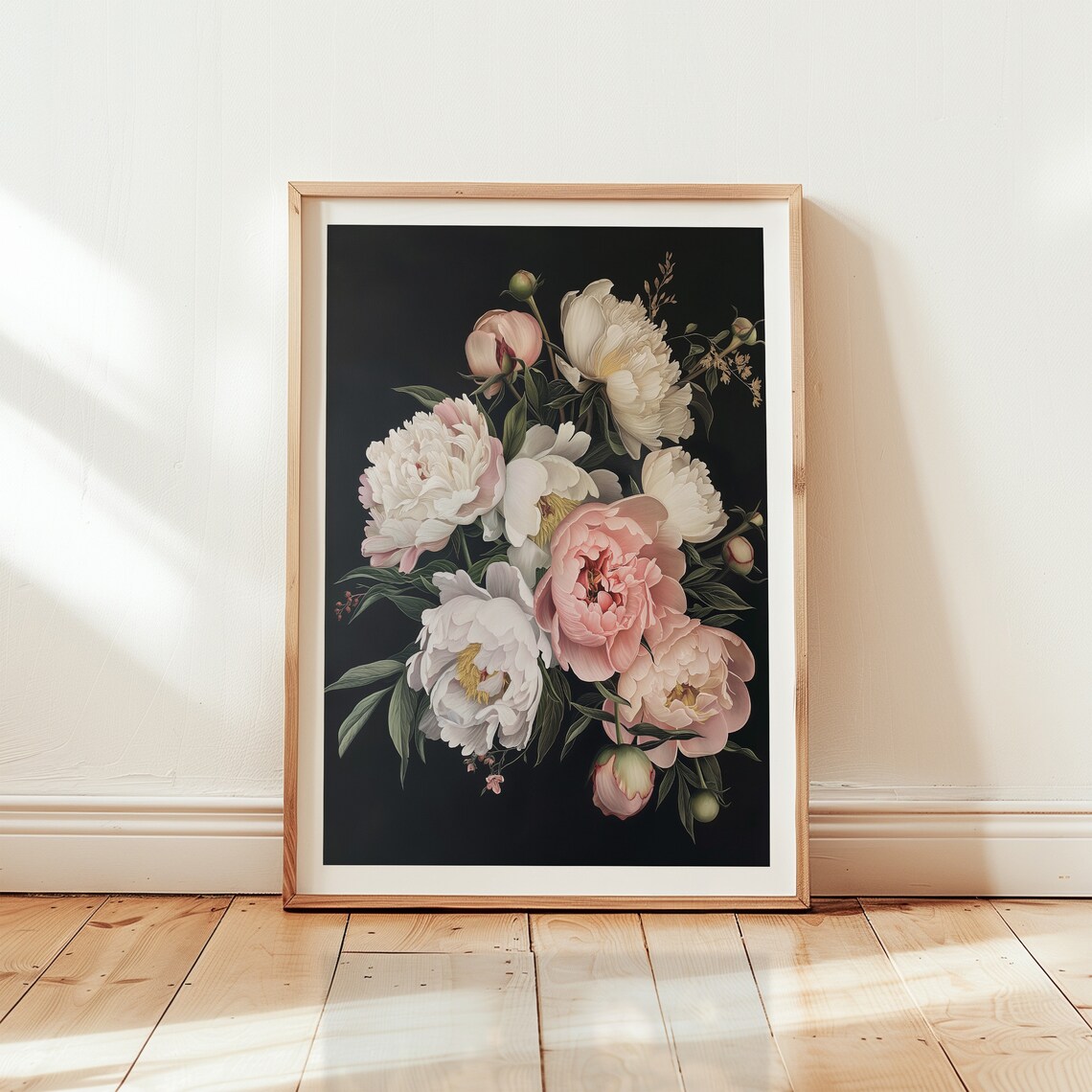 Blush and White Peony Bouquet Dark Background Vintage Floral Poster
