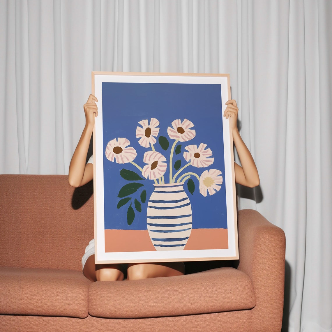 Pale Pink Flowers In Striped Vase On Cobalt Blue Background Poster - Image 3