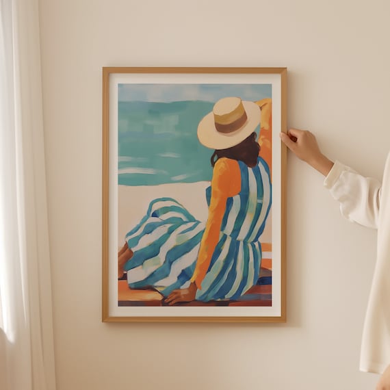 Cute Summer Inspired Wall Art Lady On The Beach Poster Watercolor Art Travel Print Art
