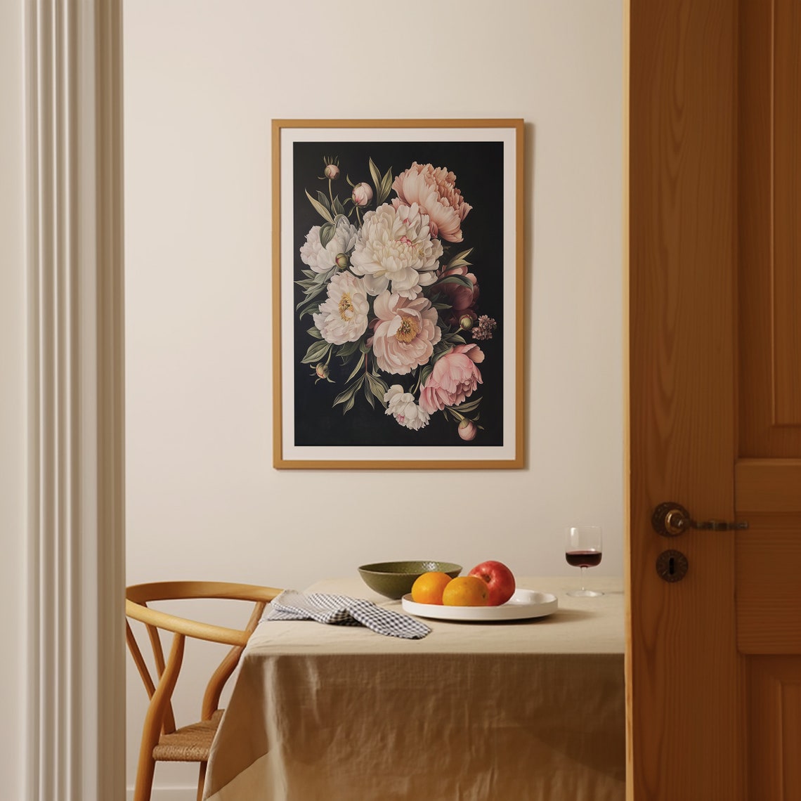 Cascading White Peonies on Black Elegant Dark Floral Still Life Poster - Image 2