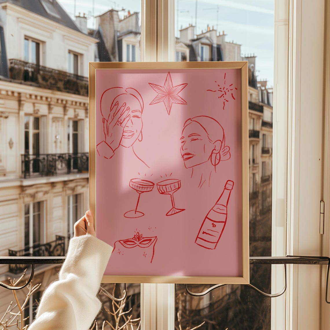 Pink New Year Celebration Red Line Illustration Champagne Toast Poster - Image 4