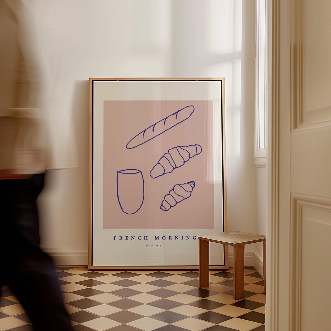 French Morning Baguette and Croissant Line Art Breakfast Poster
