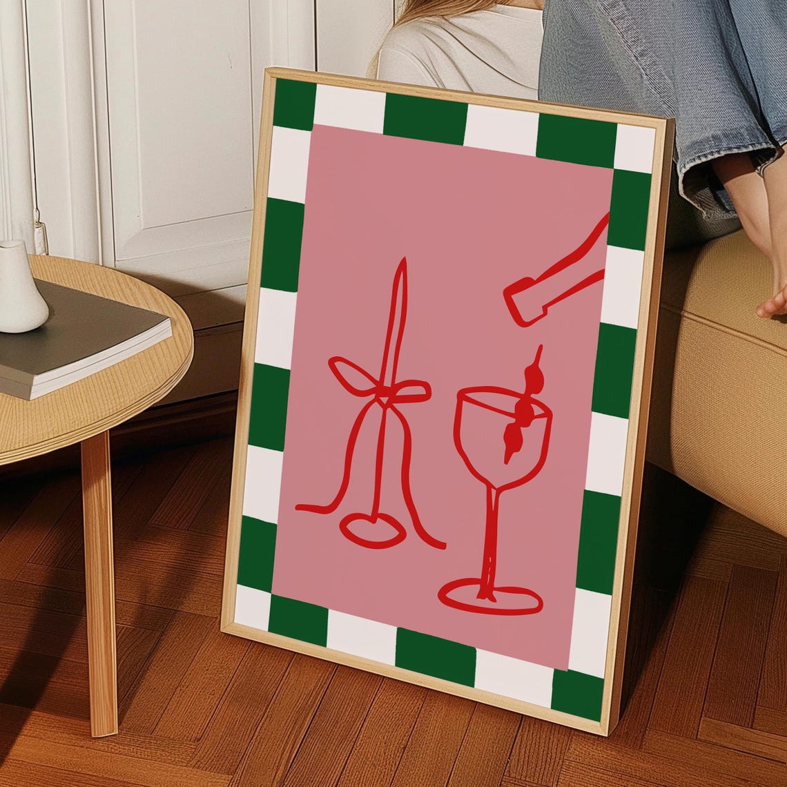 Pink Cocktail Bar Art Martini Glass and Candle Red Line Poster