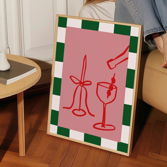Pink Cocktail Bar Art Martini Glass and Candle Red Line Poster