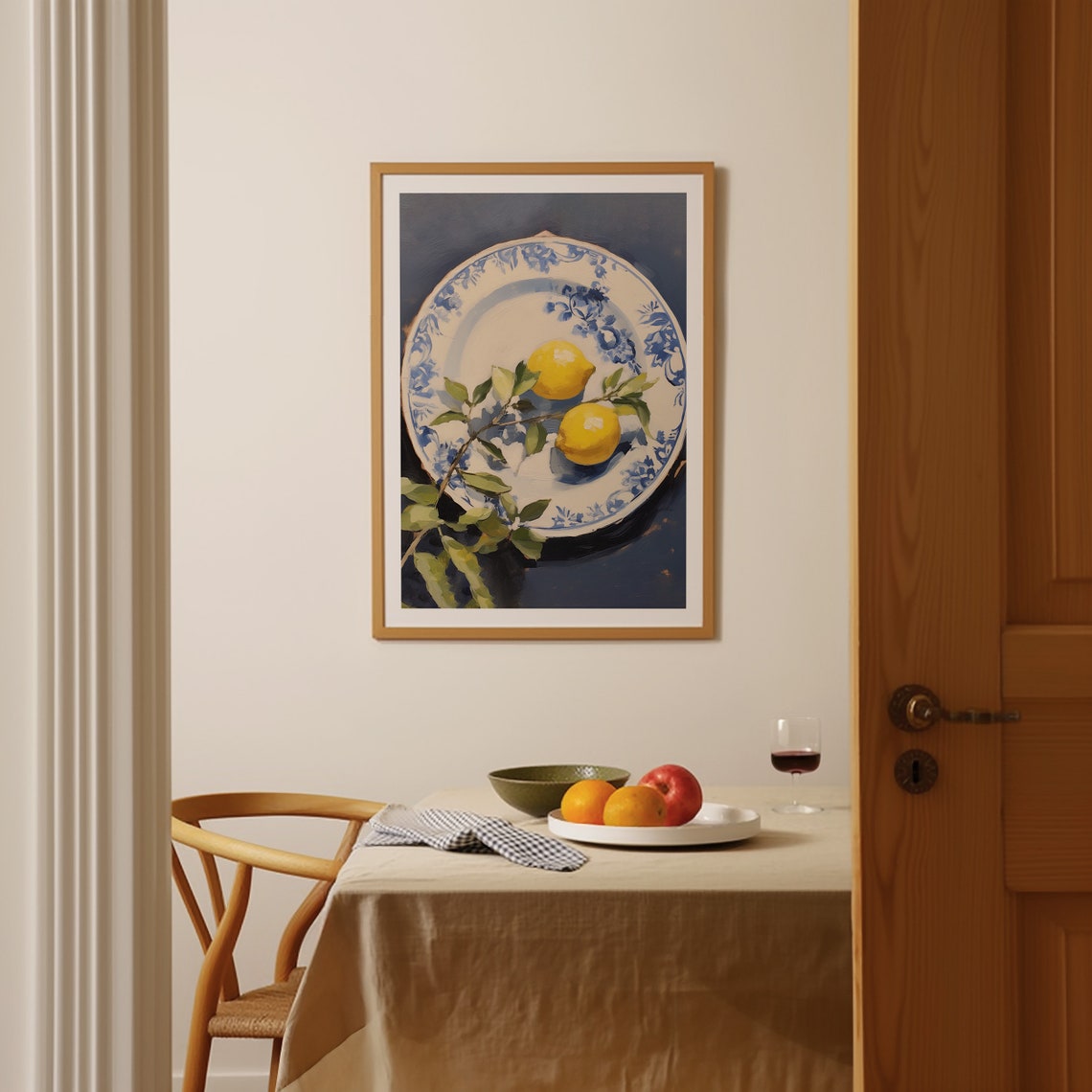 Lemons on Blue Floral Delft Plate Classic Kitchen Still Life Poster - Image 2