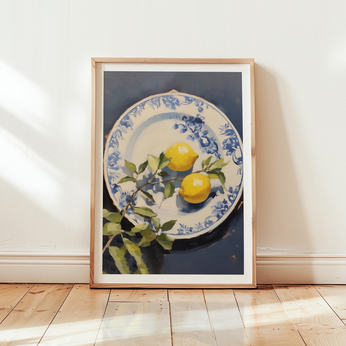 Lemons on Blue Floral Delft Plate Classic Kitchen Still Life Poster - Image 3