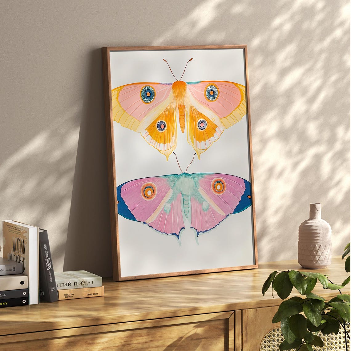 Orange Pink and Teal Moths Pair Vintage Insect Illustration Poster - Image 2