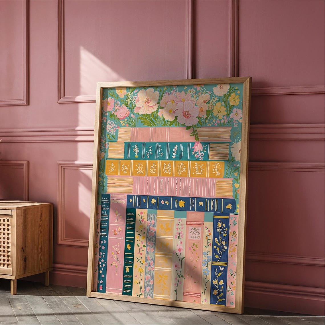Teal Bookshelf Book Spines Stack Floral Botanical Book Lover Poster - Image 3