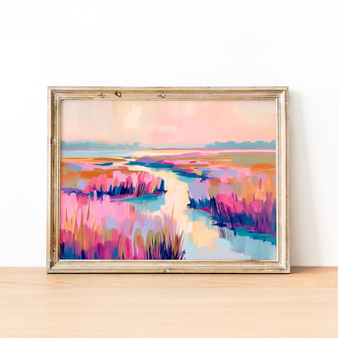 Vibrant Pink Marsh Reeds Around Winding Creek Modern Art Poster - Image 3