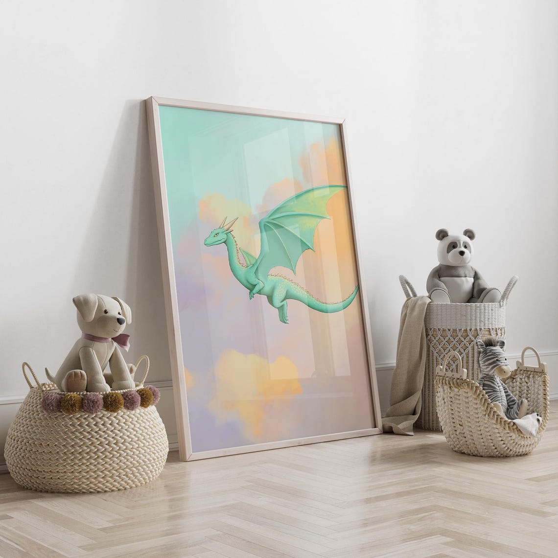 Teal Flying Dragon Soaring Over Pastel Clouds Fantasy Kids Poster - Image 4