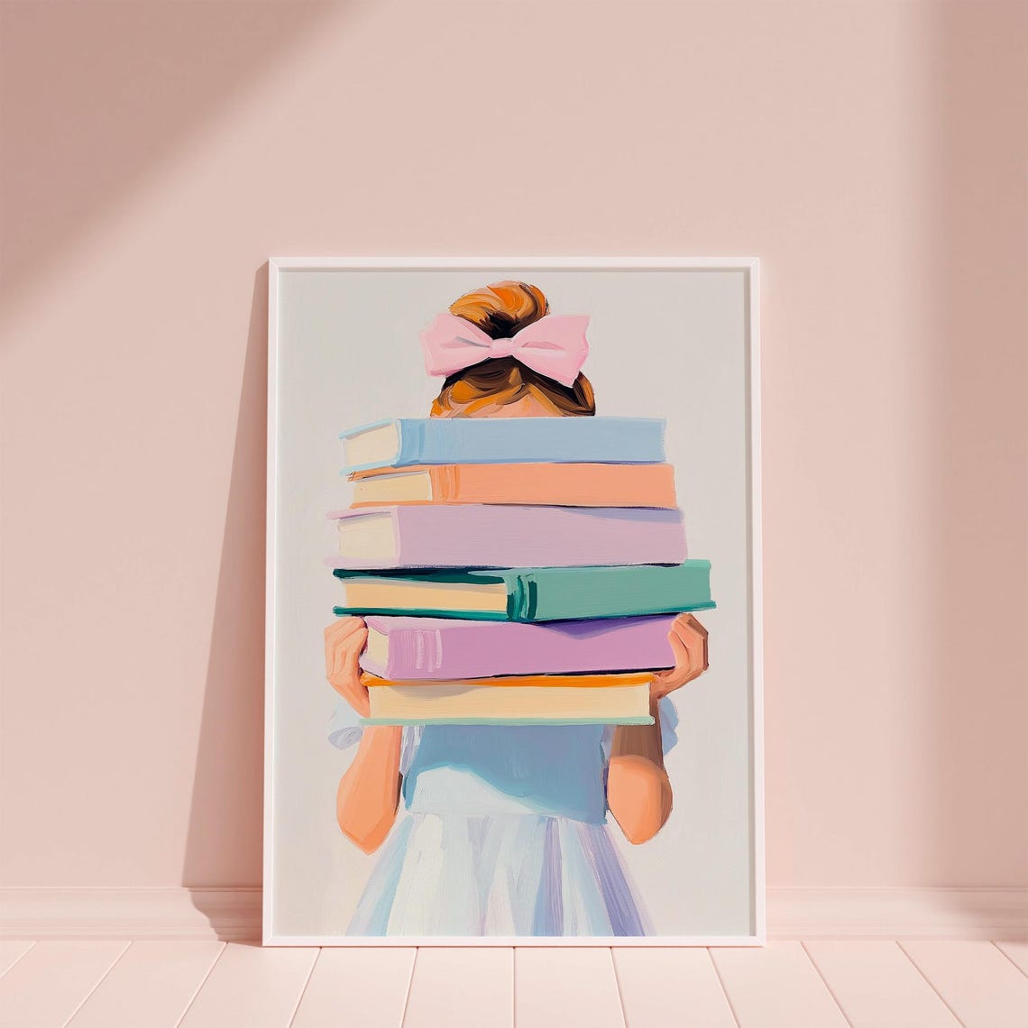 Little Girl Carrying a Tall Pastel Books Stack Kids Room Poster - Image 6