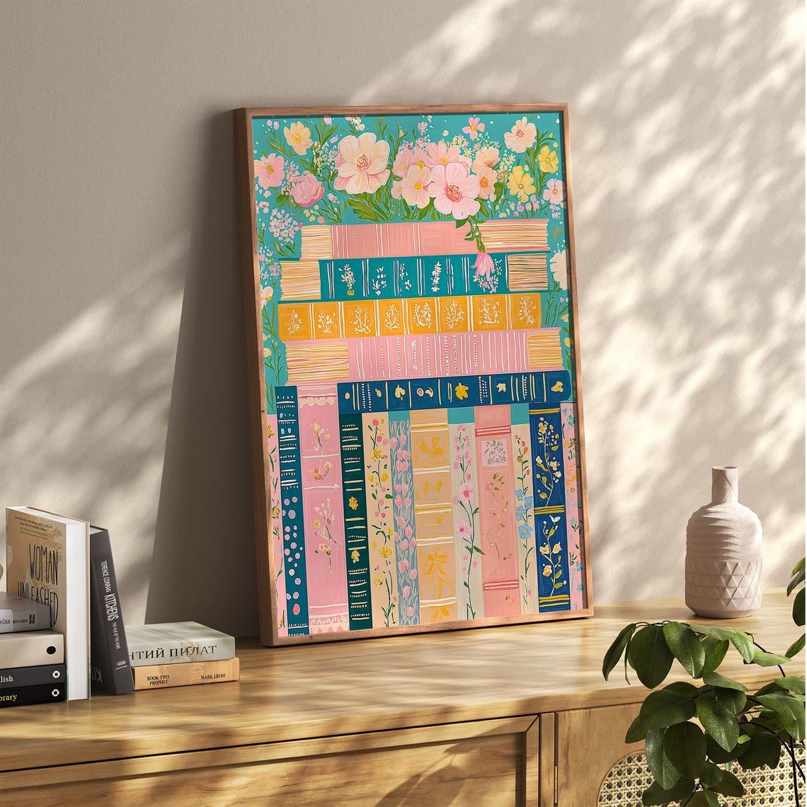 Teal Bookshelf Book Spines Stack Floral Botanical Book Lover Poster - Image 5