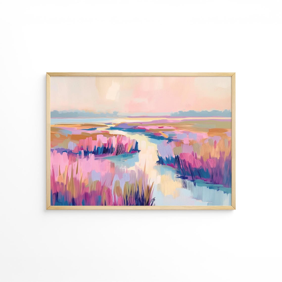 Vibrant Pink Marsh Reeds Around Winding Creek Modern Art Poster - Image 5