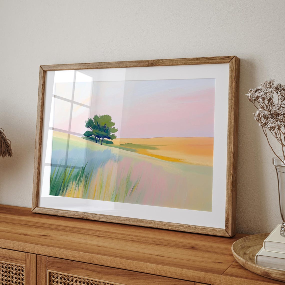 Lone Green Tree On Colorful Spring Meadow With Pink Sky Poster - Image 3