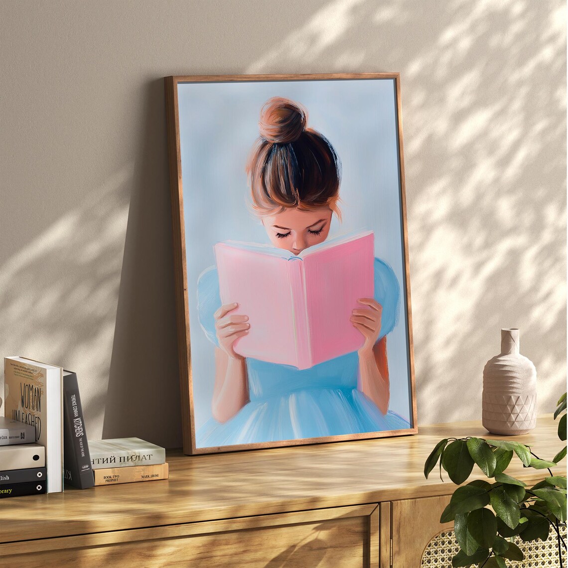Girl With Top Bun Reading Pink Book Pastel Blue Nursery Poster - Image 4