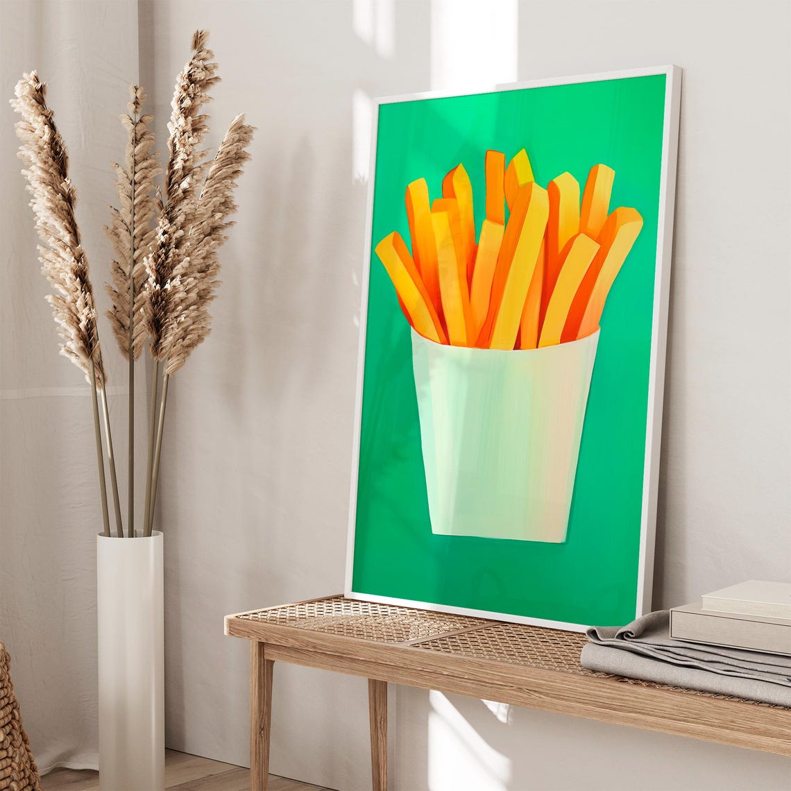 French Fries in a White Cup on Bright Green Kitchen Decor Poster - Image 3